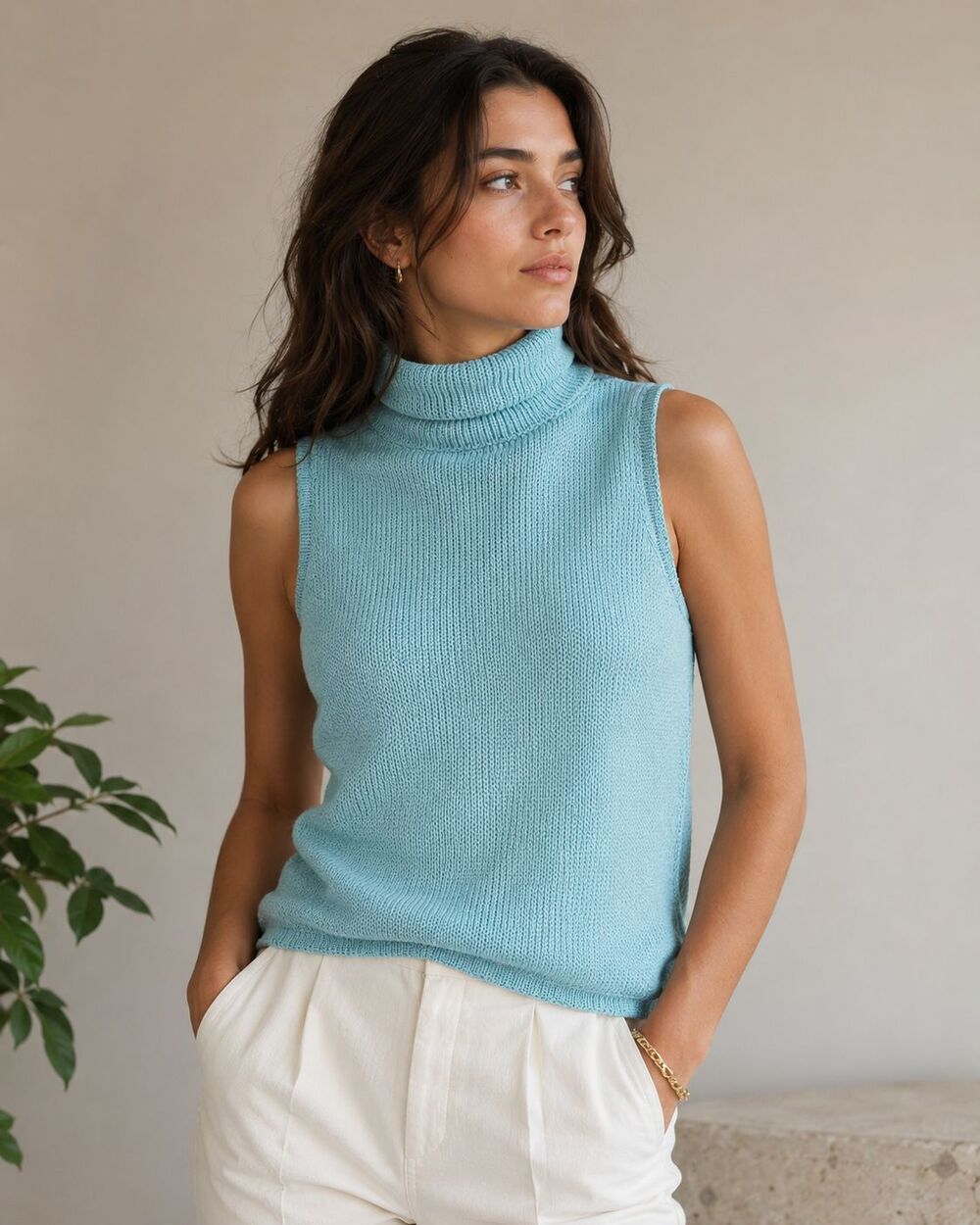 Ralph Lauren VTG Purple Label Silk Sleeveless Turtleneck Sweater Aqua Italy Sz L